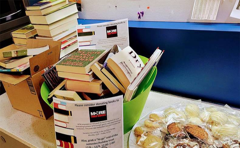 Books donated by members of the WJC Community to benefit local non-profit More Than Words (Dean of Students Office)