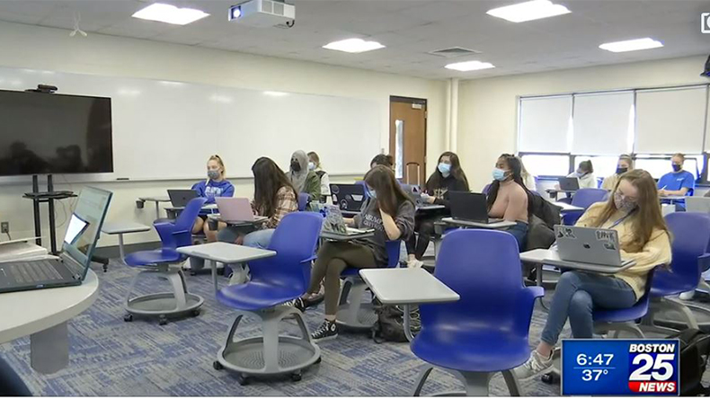 A classroom at Assumption University, from a Boston 25 News story about increased interest among college students in careers in mental health.
