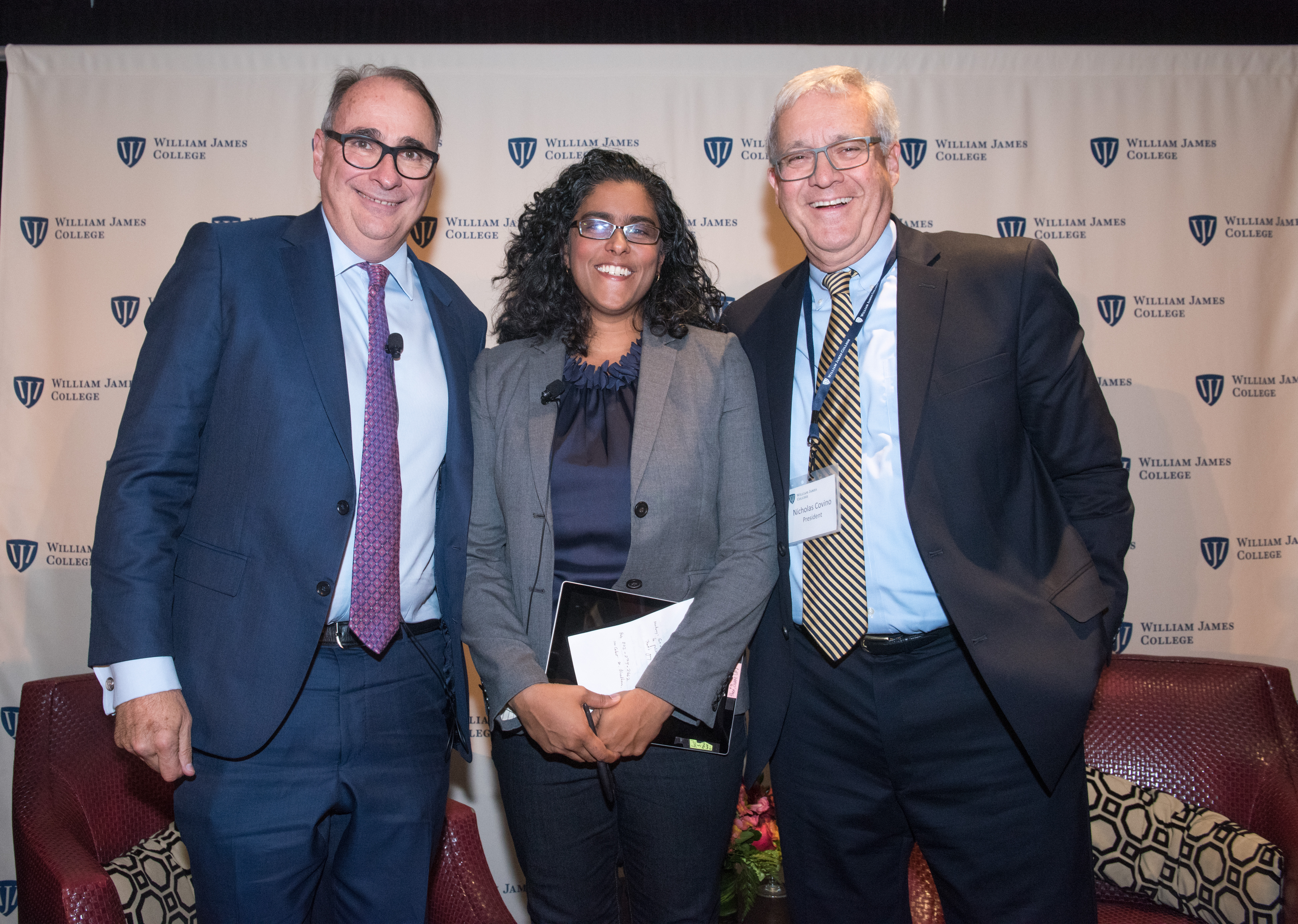 David Axelrod, Meghna Chakrabarti, and WJC President Nick Covino 