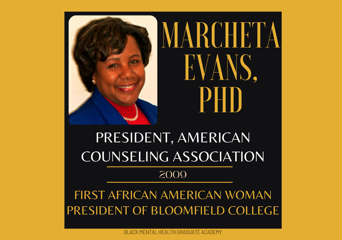 Graphic slide with photo of Marcheta Evans and text about her