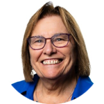portrait photo of woman with glasses and a blue top framed in a circle