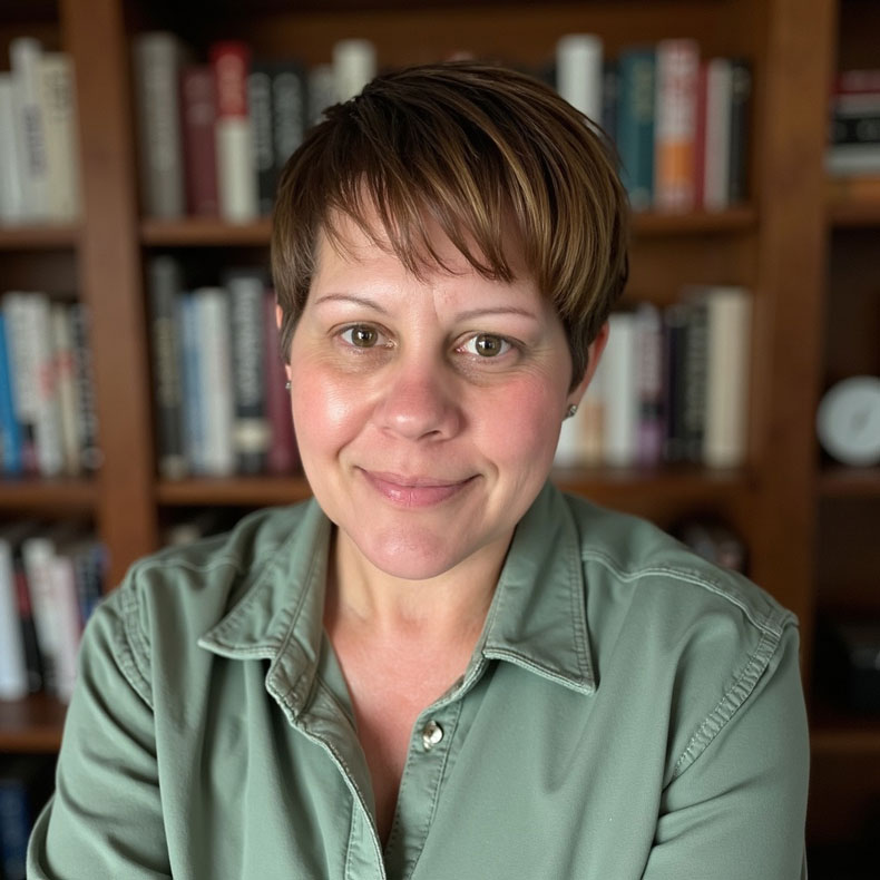 Portrait photo of smiling woman with short brown hair and pea green shirt and shelves filled with books in the background