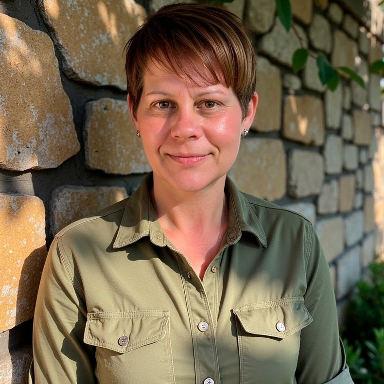 Profile photo of Christie Rice smiling in pea green top and stone wall beckground