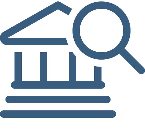 icon of building with magnifying glass in front of it