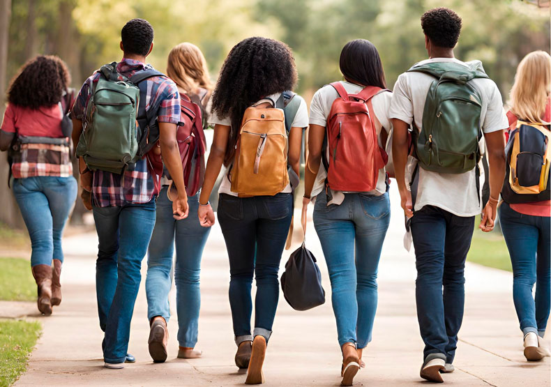 Group of high-school students walking down sidewalk pictured from behind