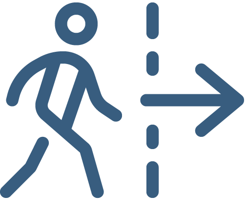 icon of stick person walking across dashed line with arrow pointing to the right