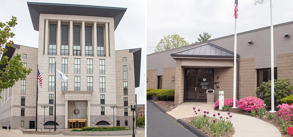 split photo of Norfolk and Suffolk county courthouses