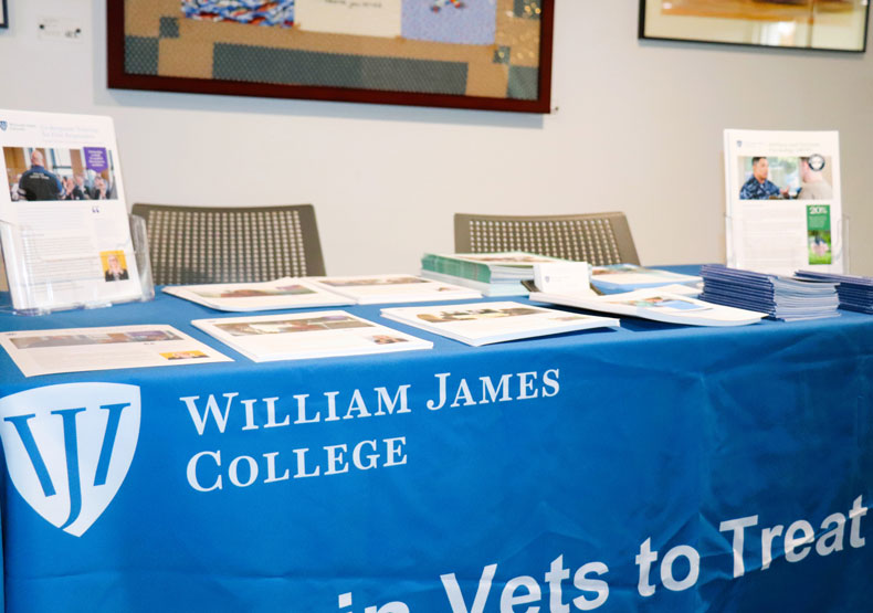 Table with printed materials on top