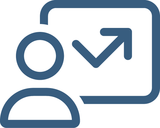 graphic icon of head in front of a boxed chart with upward arrow