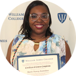 Portrait photo of smiling woman in glasses holding a certificate