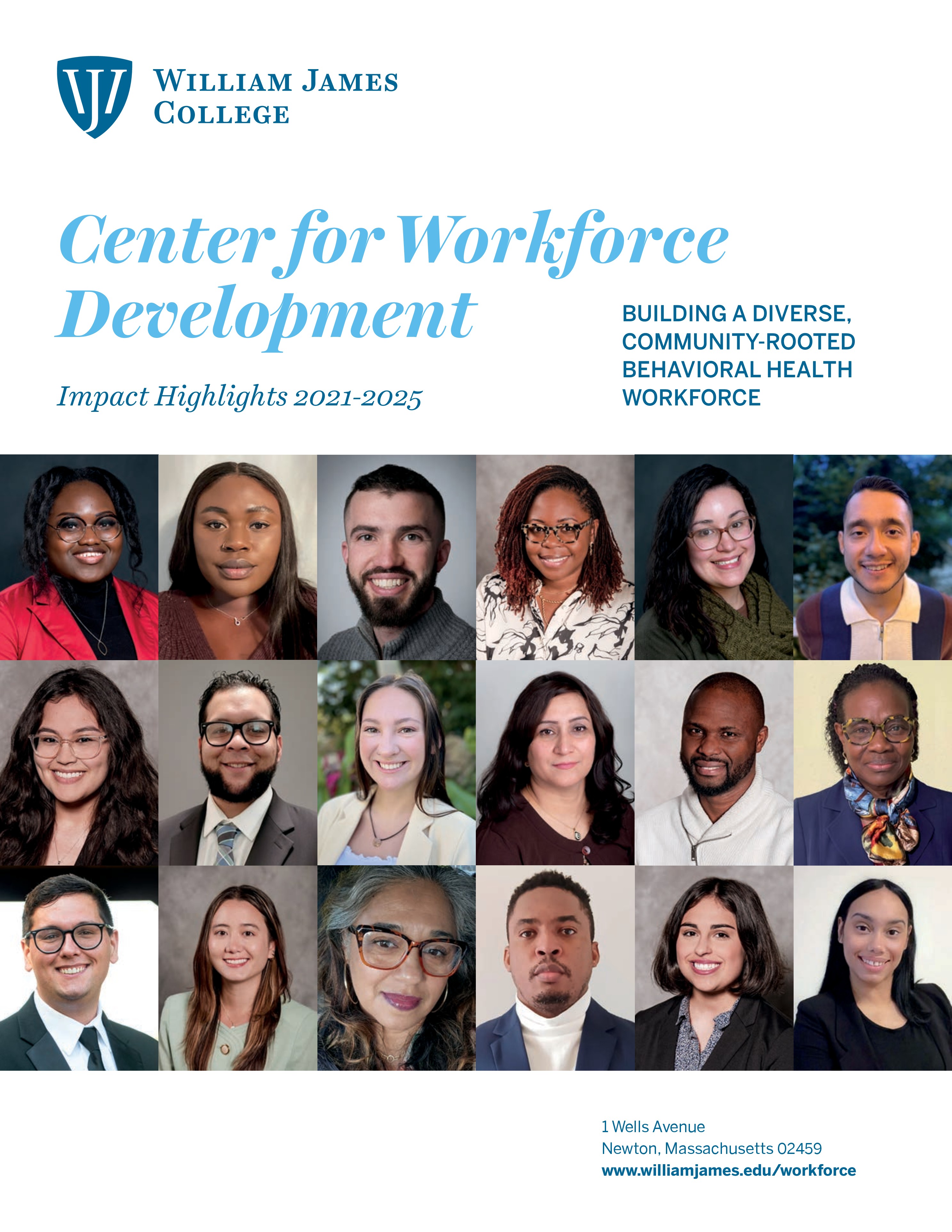 Report cover with logo and text at top, a grid of faces in the middle, and address at bottom