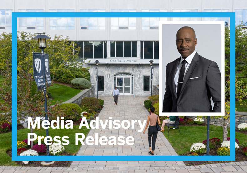 photo of building with blue border, white text, and inset portrait photo