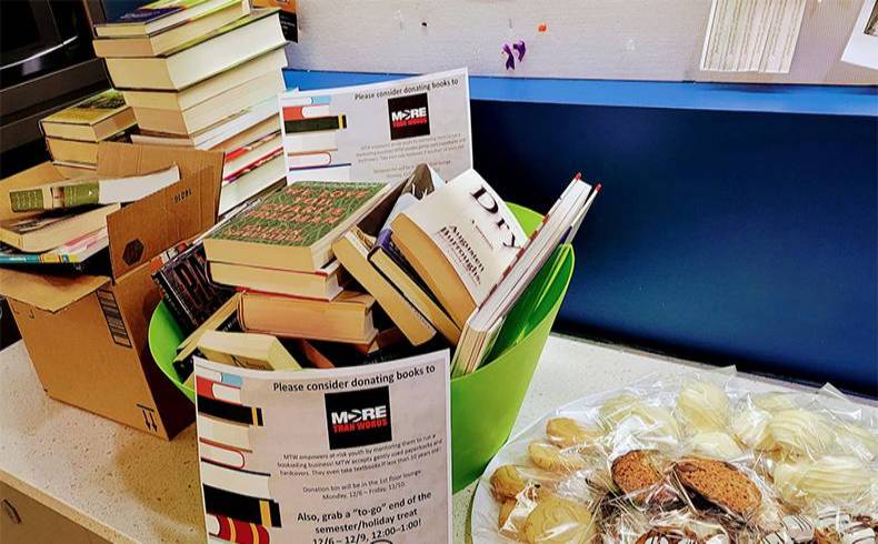 Books donated by members of the WJC Community to benefit local non-profit More Than Words (Dean of Students Office)