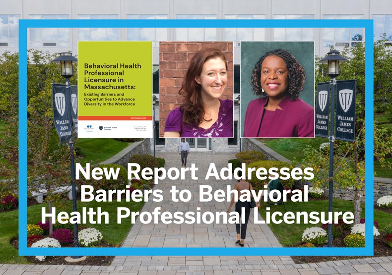 headshots and text over background of front of building