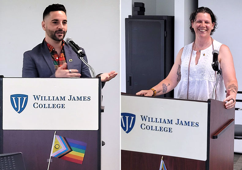 Split photo of man speaking at podium on left, and woman at podium on right