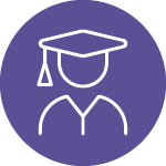 Alumni Relations purple circle with white outlined icon of student with cap and gown inside the circle