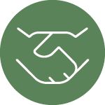 Community Engagenent pea green circle with white outlined icon of two hands shaking inside the circle