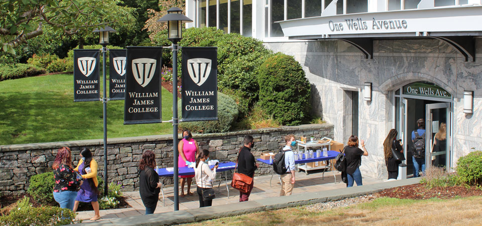 New students outside building